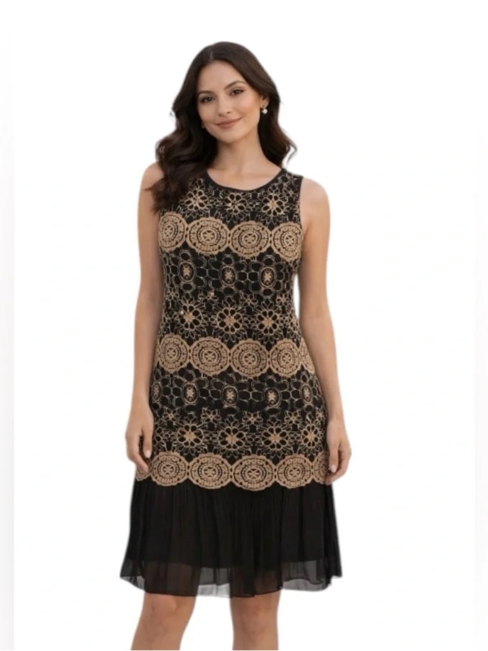Black Midi Dress with Gold Lace Accents